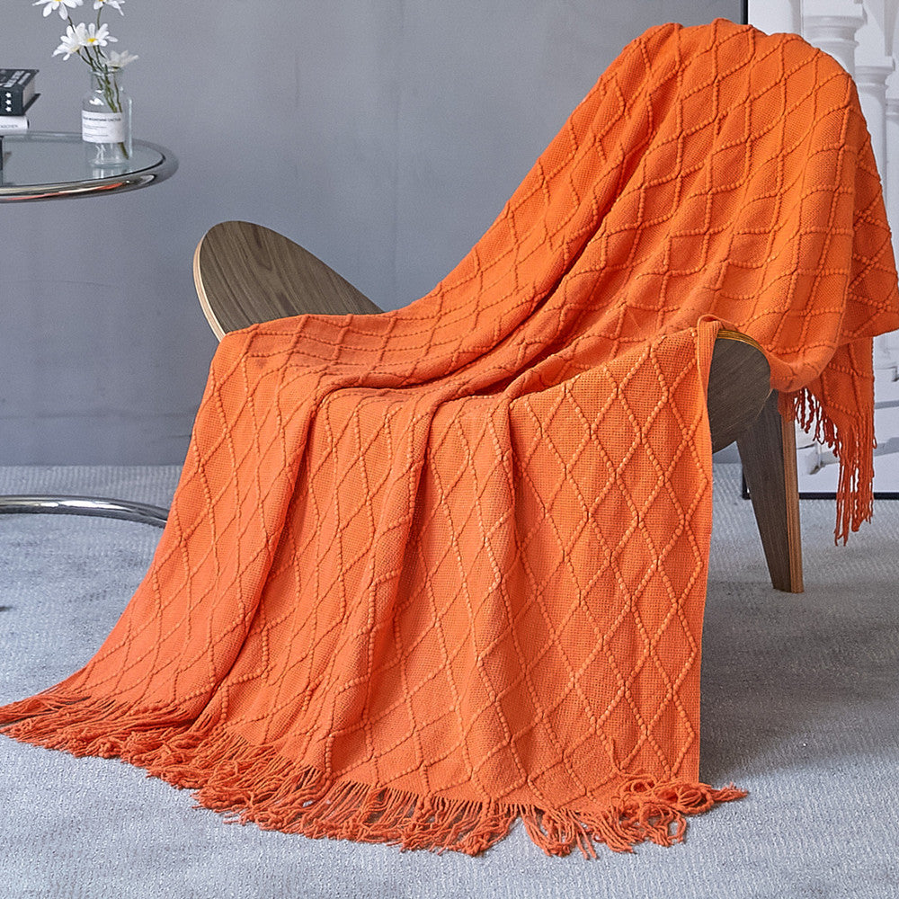 Geometric knitted blanket sofa cover with tassels | ideal for spring and autumn