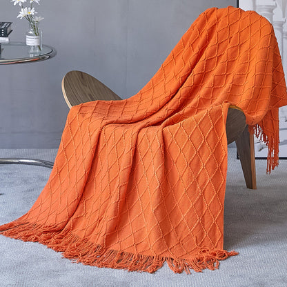 Geometric knitted blanket sofa cover with tassels | ideal for spring and autumn