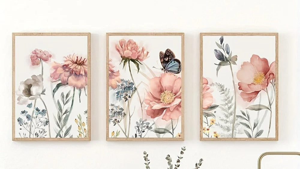 Three-piece floral inkjet canvas print frameless set